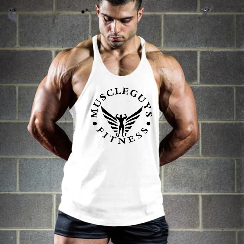 Muscleguys Mens Cotton Training Stringer Tank Top Running Vests Low Scoop Neck Y-Back Racerback Gym Bodybuilding Workout Tanktop