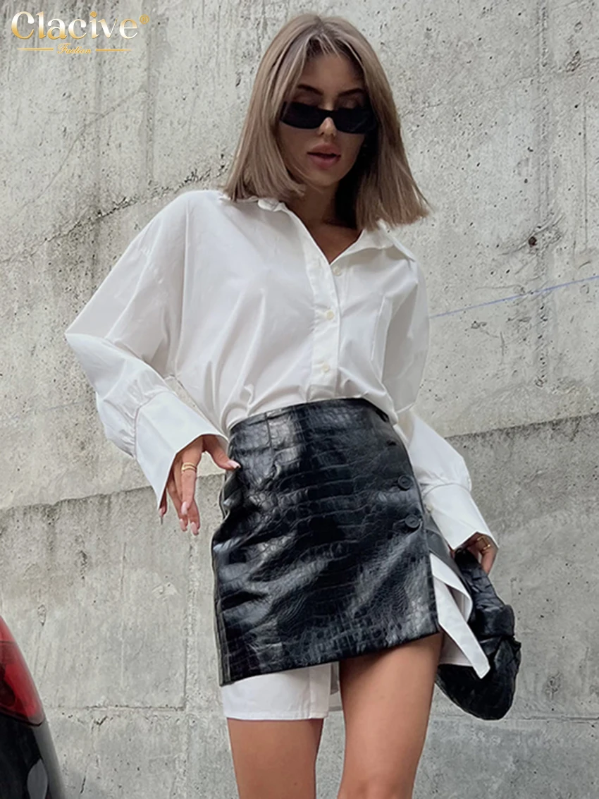 Clacive Fashion Loose White Womens 2 Piece Outfit Set 2023 Elegant Long Sleeve Shirt With High Waist Minin Skirts Set Streetwear