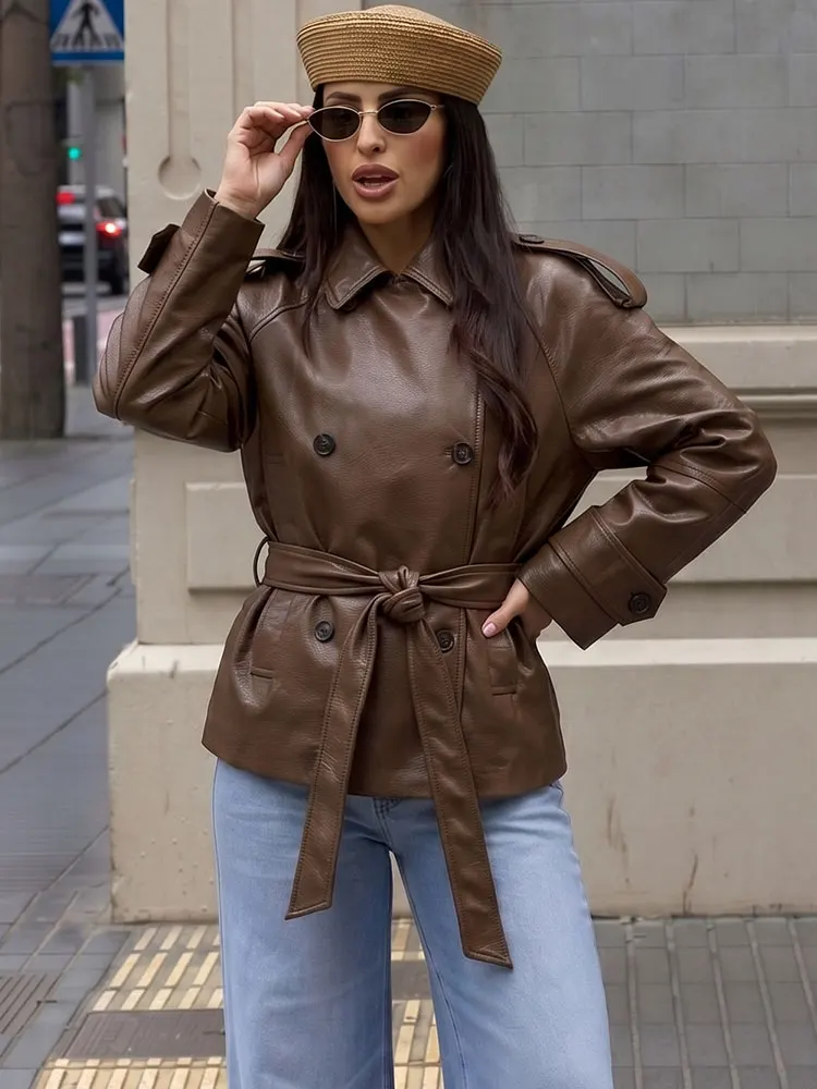 

HH Women Vintage Faux Leather Jackets Double Breasted Long Sleeve Belt Coats Fashion Streetwear Lady Motorcycle Jacket Outwear