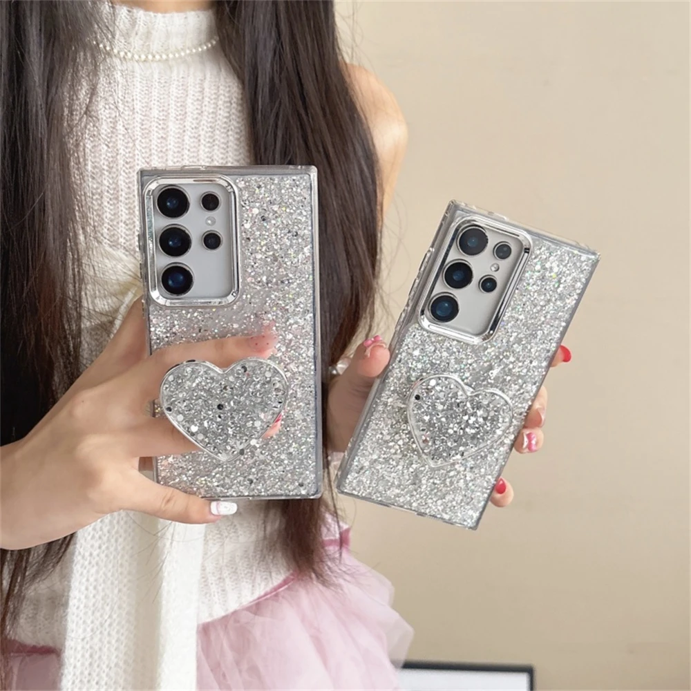 Funda con soporte de corazón brillante para Samsung Galaxy S25 S24 S23 S22 Ultra Plus FE, cubierta a prueba de golpes con brillo chapado completo