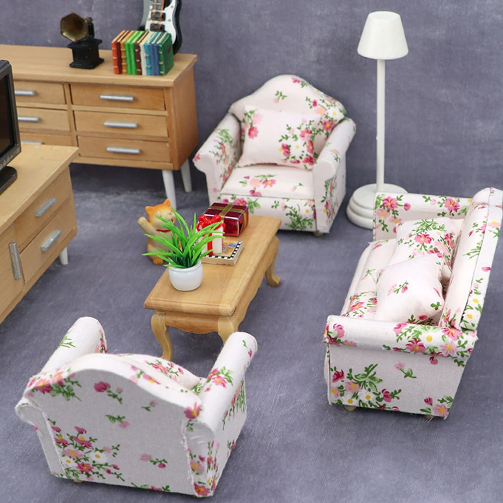 Miniature Toys Sofa Kids Couch Exquisite Model Furniture Flower Cloth House Decor Child