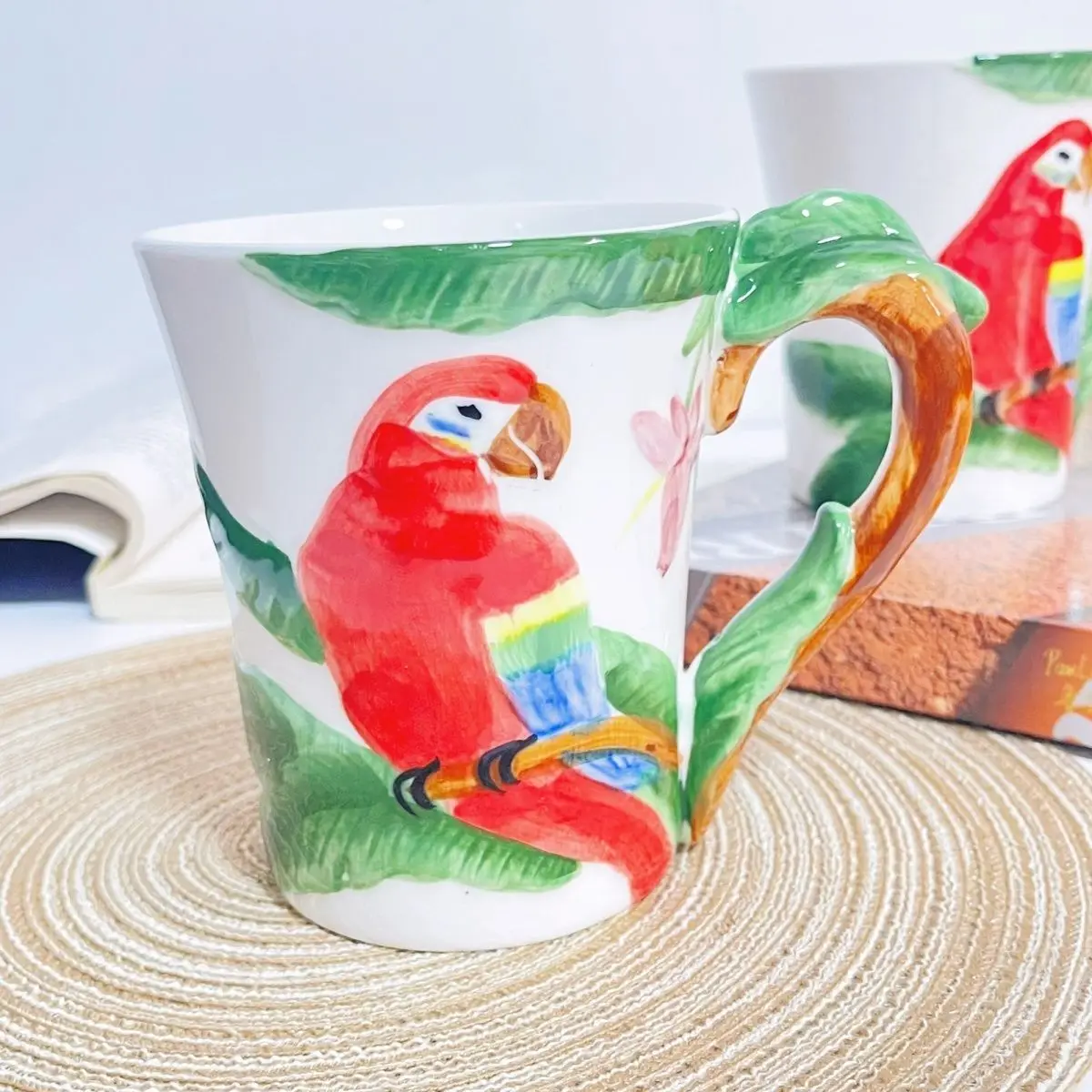 Large Capacity Vintage Hand-painted Enamelled Parrot Mug Coffee Mug Breakfast Milk Oatmeal Cup Gift Water Cup Drinkware Gift