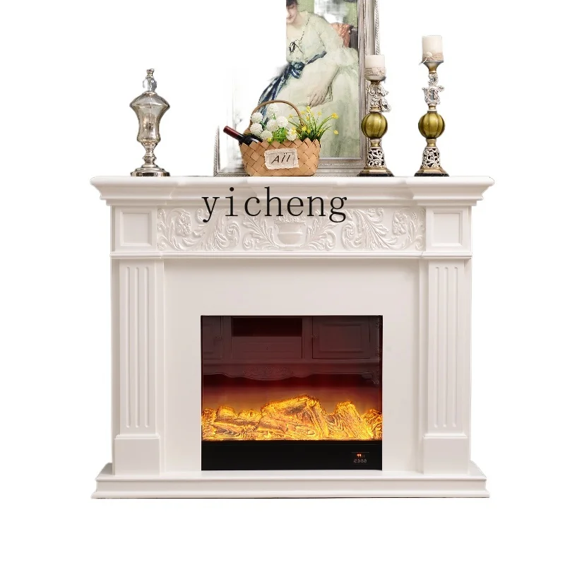 

ZK Solid Wood Electric Fireplace Curio Cabinet Living Room Carved Simple White Home Heating Fake Led Stove