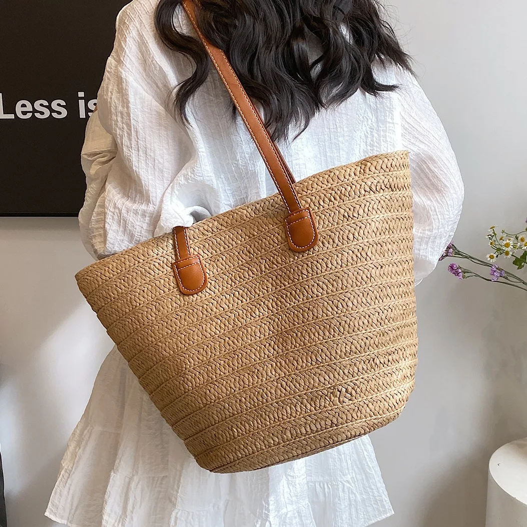 Casual Large Capacity Straw Basket Bag Weave Women Shoulder Bags Handmade Lady Handbags Simple Summer Beach Big Tote Bag 2024