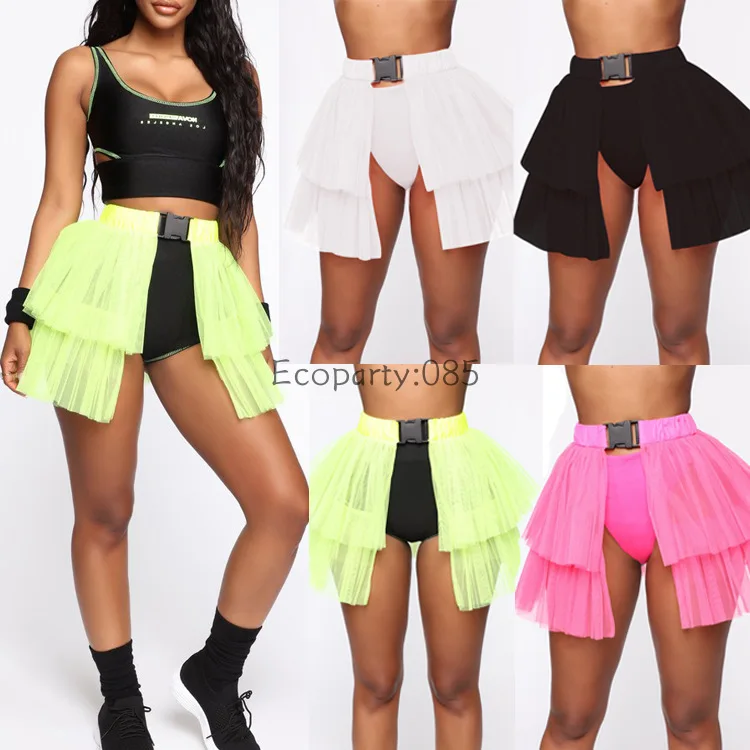 

Women Skirt Pleated Neon Mesh Transparent Buckle Skirts Tulle Loose Patchwork Harajuku Sexy Mini Chic Skirt Night Festival Queen