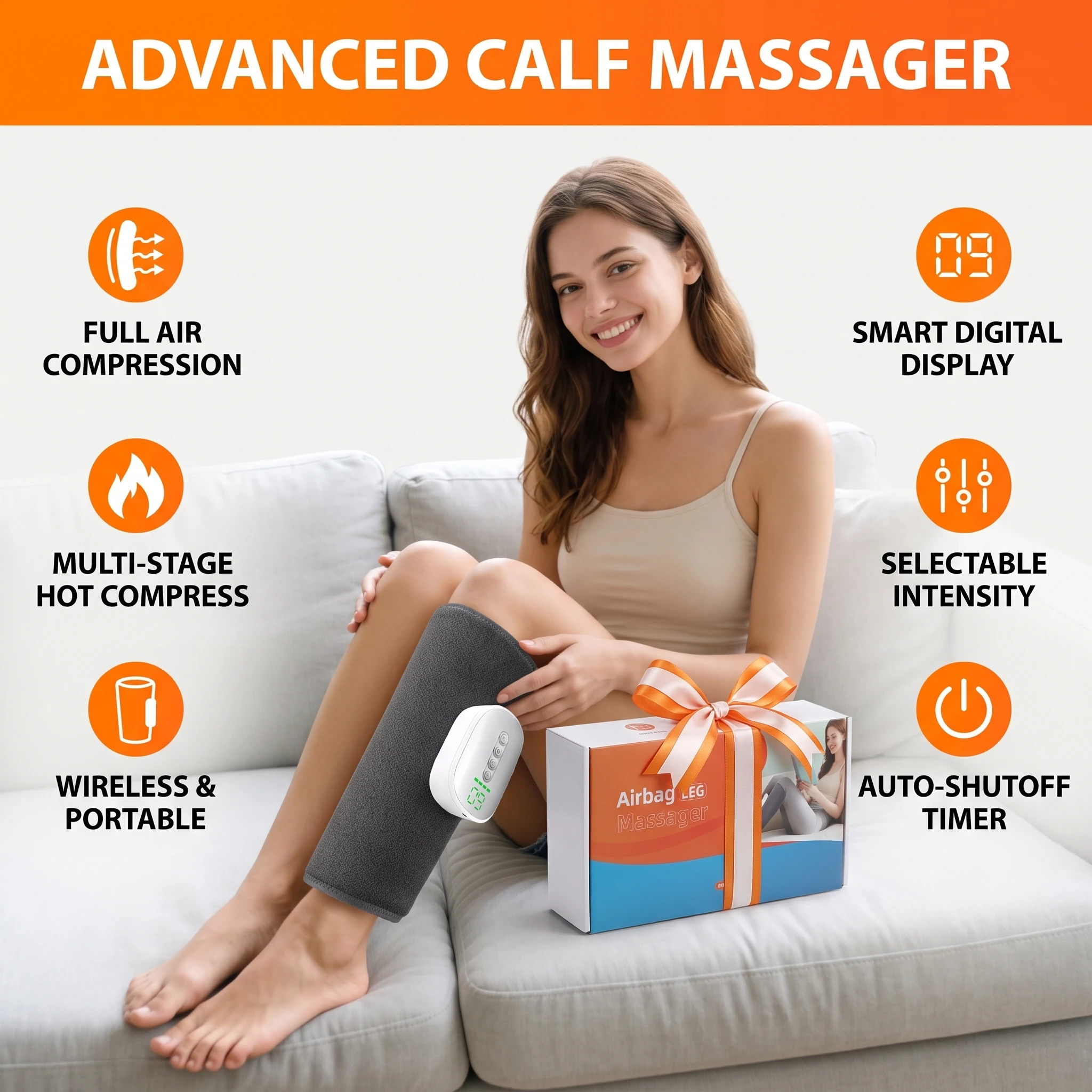 Cordless Calf Massager, Heated Air Compression Leg Massager 4 Modes 8 Levels Touch Screen for Office Standing Sports Elderly