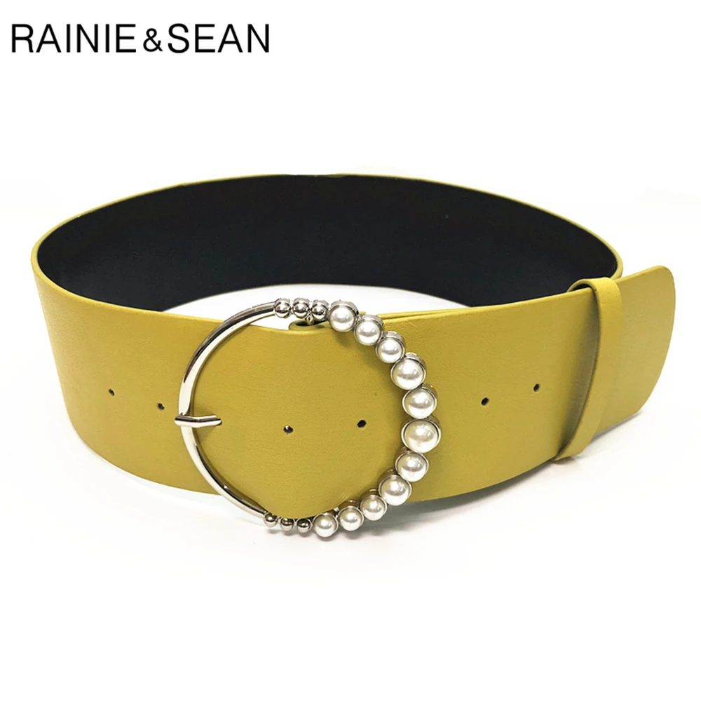 RAINIE SEAN Wide Waist Belt Women Yellow Pearl Round Buckle Pu Leather Waist Belts Casual Solid Ladies Belt for Dress 90cm