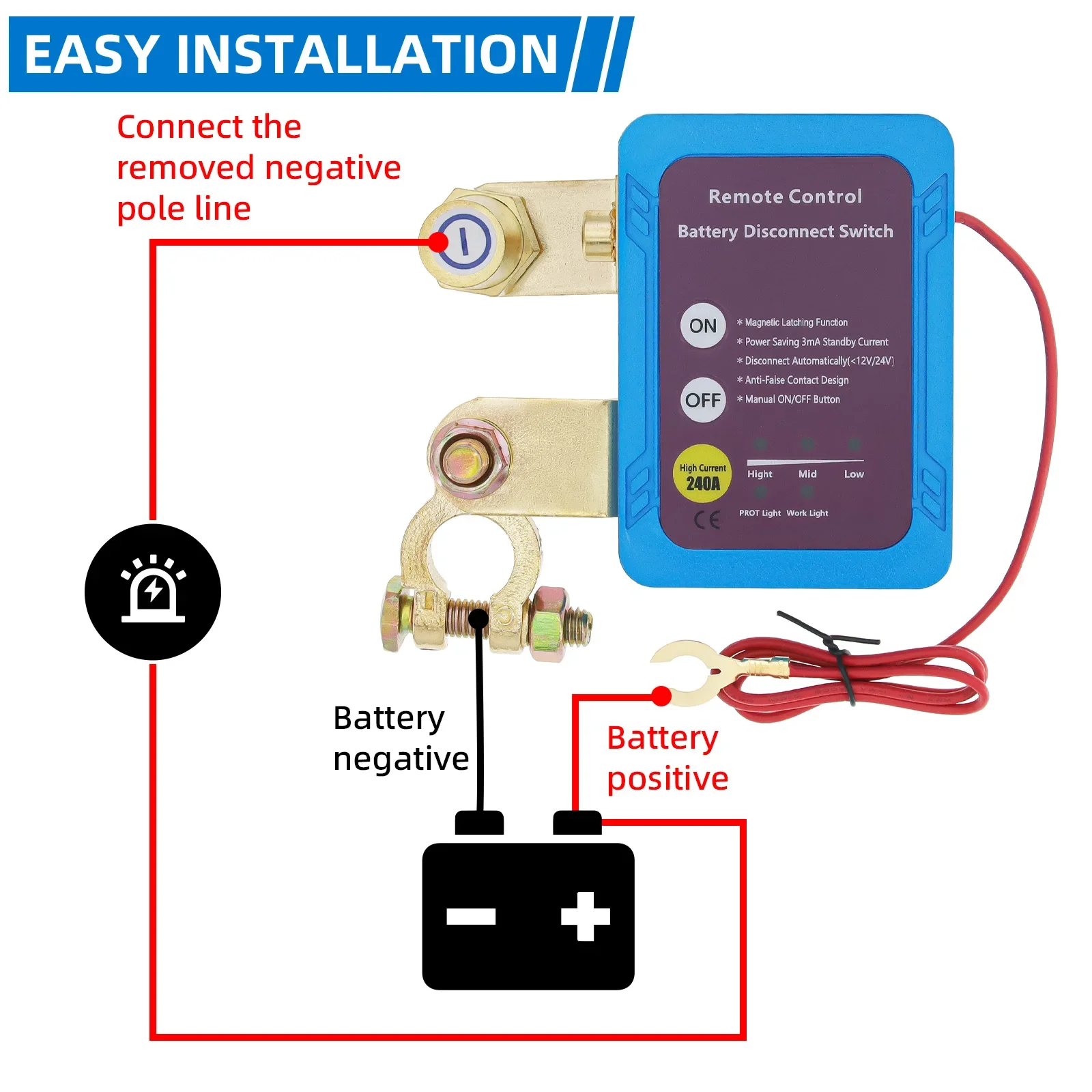 Interruptor Remoto de Desconexão de Bateria, Desligamento Automático com Controle Remoto, Interruptor de Desconexão de Bateria 12V 240A para Carro e Caminhão