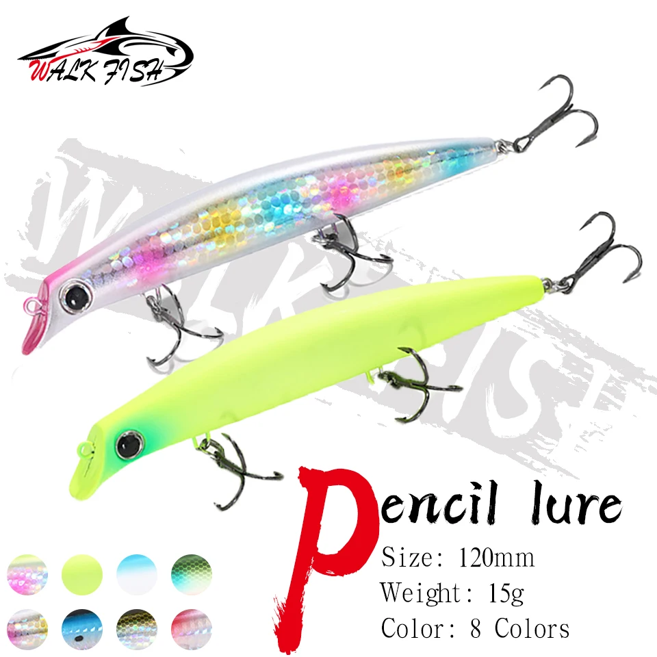 WALK FISH 120 mm 15 g Bleistift-Angelköder Topwater Popper 3 Drillinge Bleistift Langsam sinkender künstlicher Köder Seebarsch-Angelausrüstung