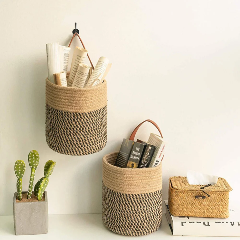 Wall Hanging Woven Jute Cotton Flower Basket Pot Planter Home Storage Baskets For Kitchen Tableware Bathroom Sundries Organizers