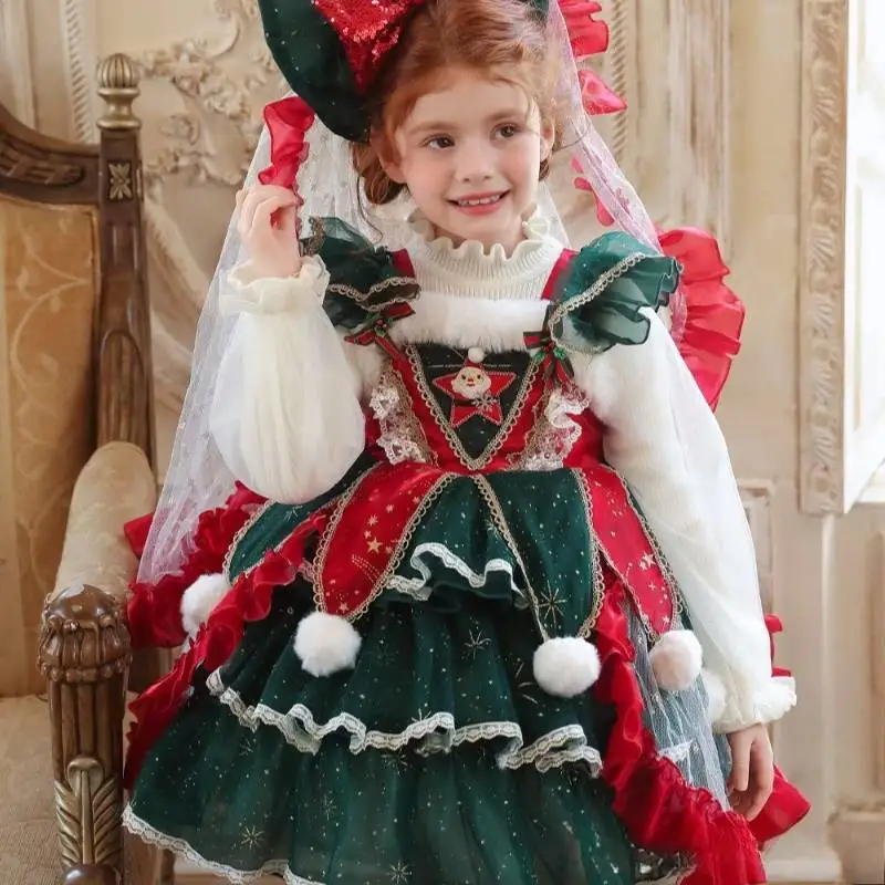 Rotes und grünes Weihnachts-Lolita-Kleid für Mädchen, langes Kleid mit Rüschen und Stufenrock aus Tüll, Prinzessinnenkostüm für Feiertage und Geburtstagsfeiern. – Detail 6