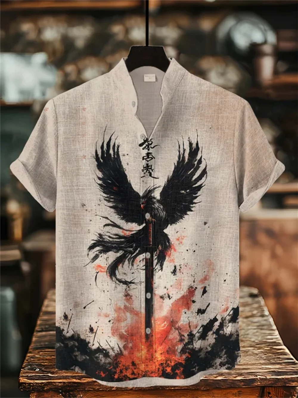 

Men's Retro Music Symbol Printed Shirt Short Sleeve Stand up Collar Linen Button High Street Summer Fashion