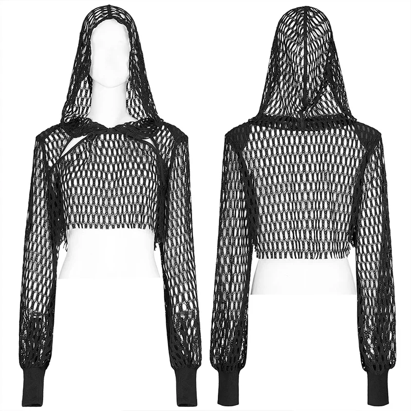 PUNK RAVE Women\'s Gothic Short Hollow Mesh Chinese Style Long Sleeve Sweatshirt Hooded Fashion Black Tops Spring/Autumn