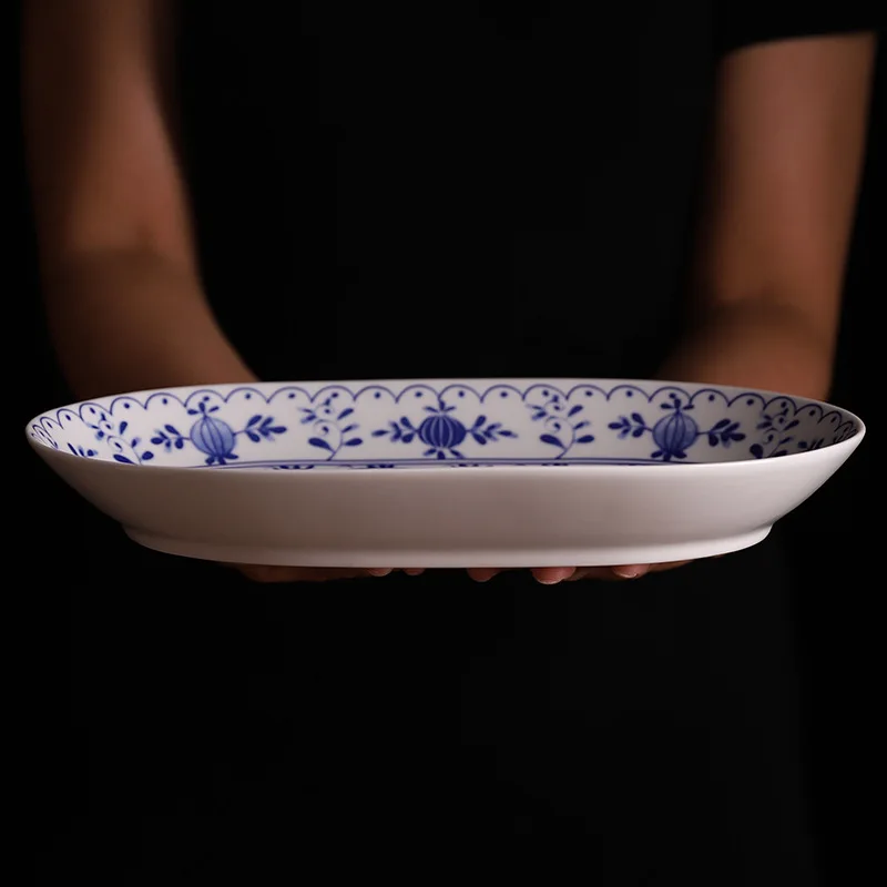 11inch Oval Steamed Fish Plate Blue And White Ceramic Long Plate Porcelain Dinner Plate Household Rectangular Tablewear