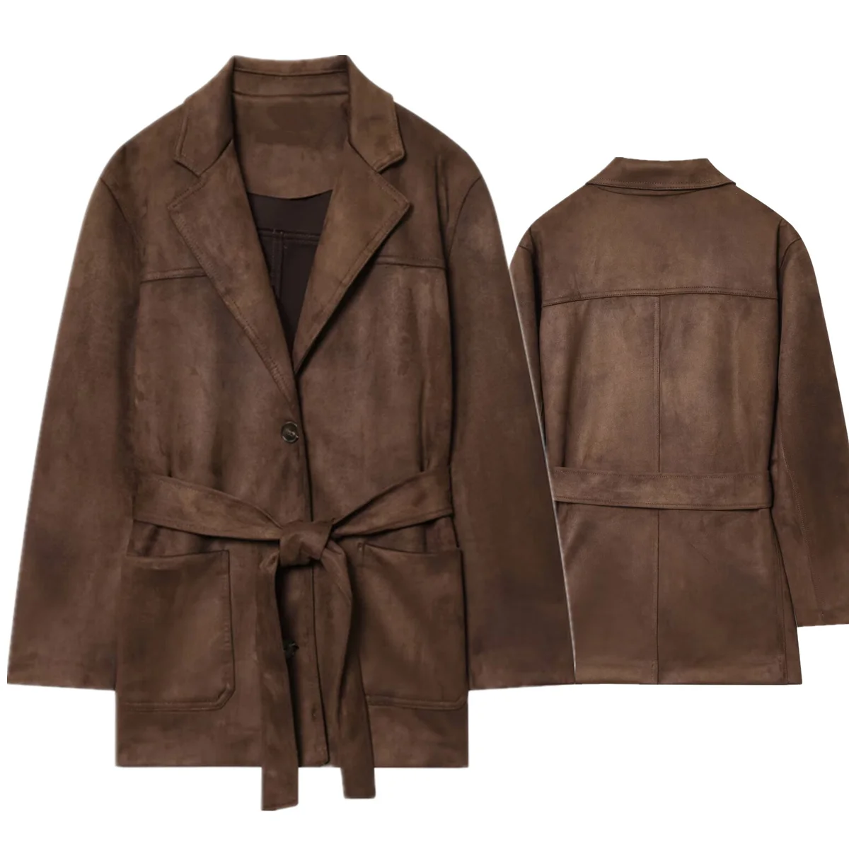 

Maxdutti Осеннее пальто Топ Зимняя женская замшевая длинная куртка с поясом, французский минималистичный женский пиджак с приталенной талией