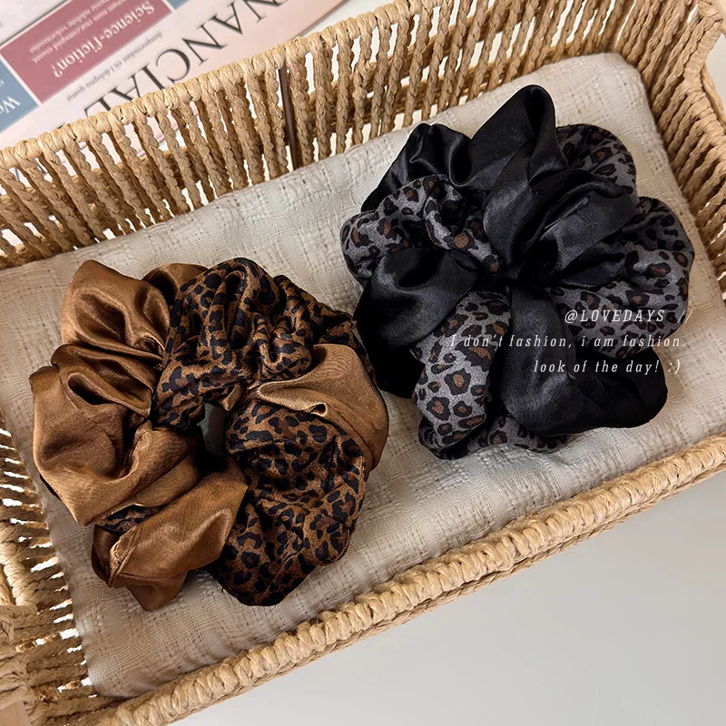 Hair Scrunchie Vintage Satin Leopard Print Ruffle Trim Colorblock Women Ponytail Bun Hair Tie Lightweight Daily Party