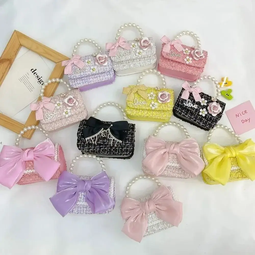 

Cute Synthetic Leather Princess Bag Pearl Decorated Handheld Crossbody Bag Little Girl Bag Girl