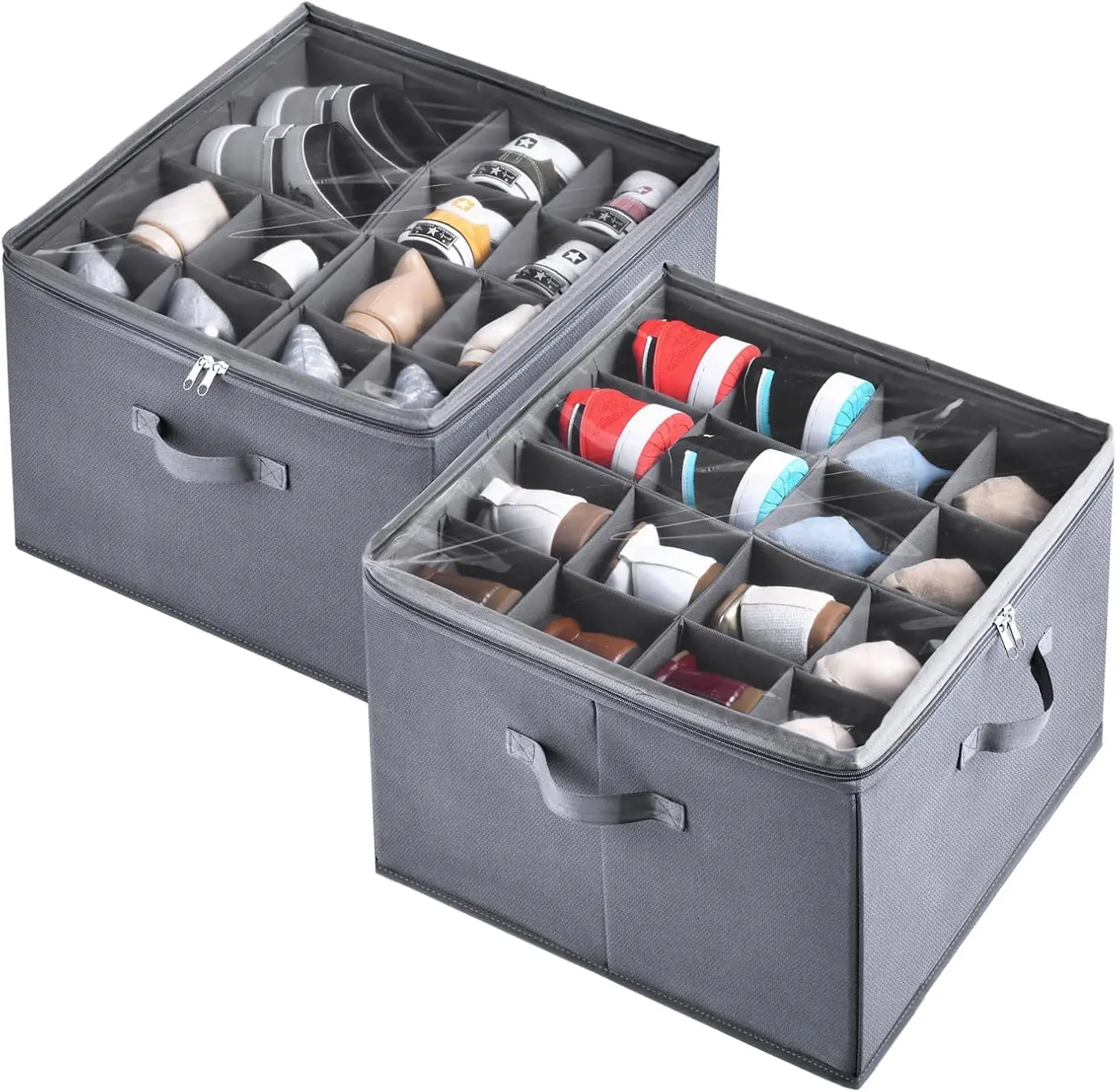 2-Pack Shoe Organizer for Closet, Holds Up to 32 Pairs, Adjustable Dividers with Clear Fabric Bins