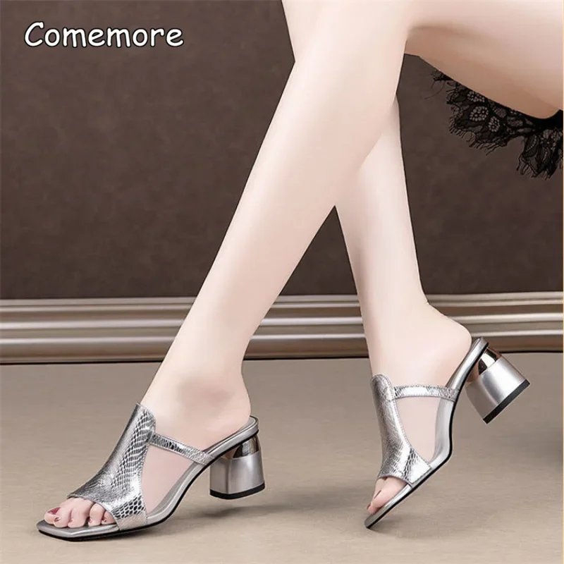 Comemore Summer Slippers Womens High Heels Slides Casual Shoes 2024 Women\'s Heel Mules Flip Flop Slides Women Sandal Sandalias