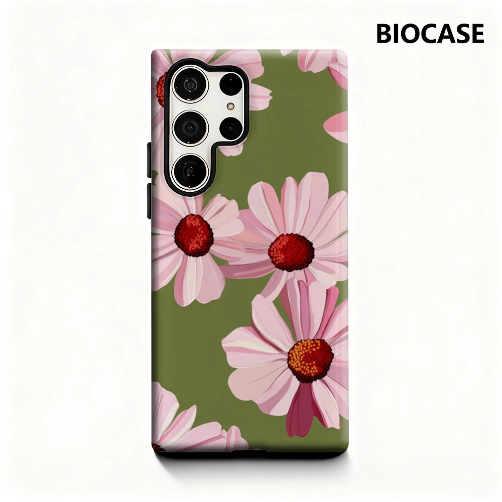 Rosa Blumen auf grüner Handyhülle für Samsung Galaxy S25 Ultra S24 S23 Ultra Plus, glänzende doppellagige Rückseite
