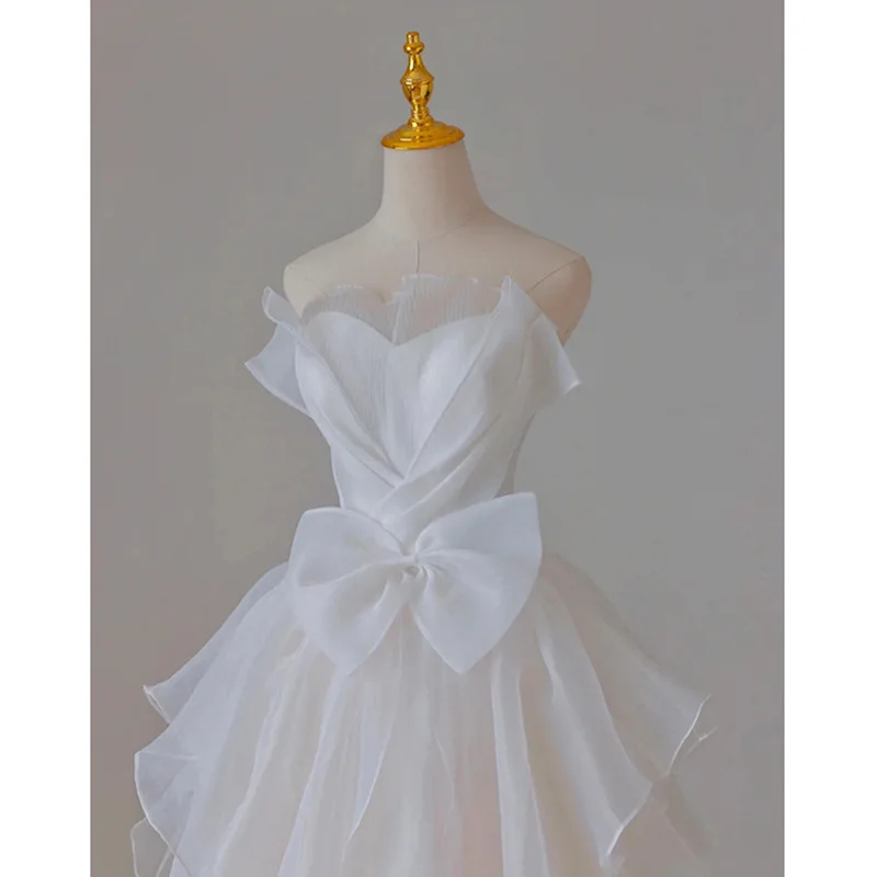 White French Wedding Dress Elegant Strapless Banquet Party Gown Sweet Bow Irregular Fluffy Dress Floor-Length Prom Vestido