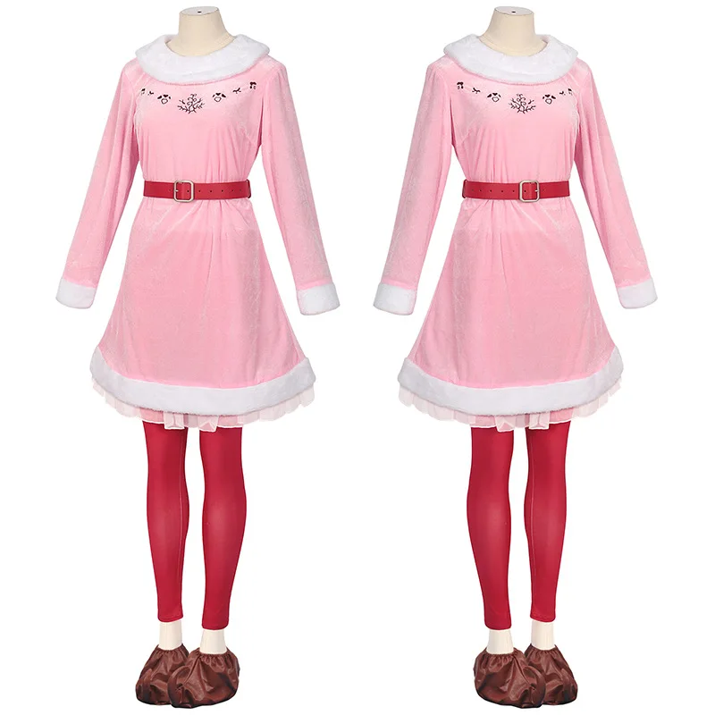 Medieval Elf Christmas Party Dress Uniform Cosplay Women Santa Claus Elf Pink Plush Outfits for Women Men Kids