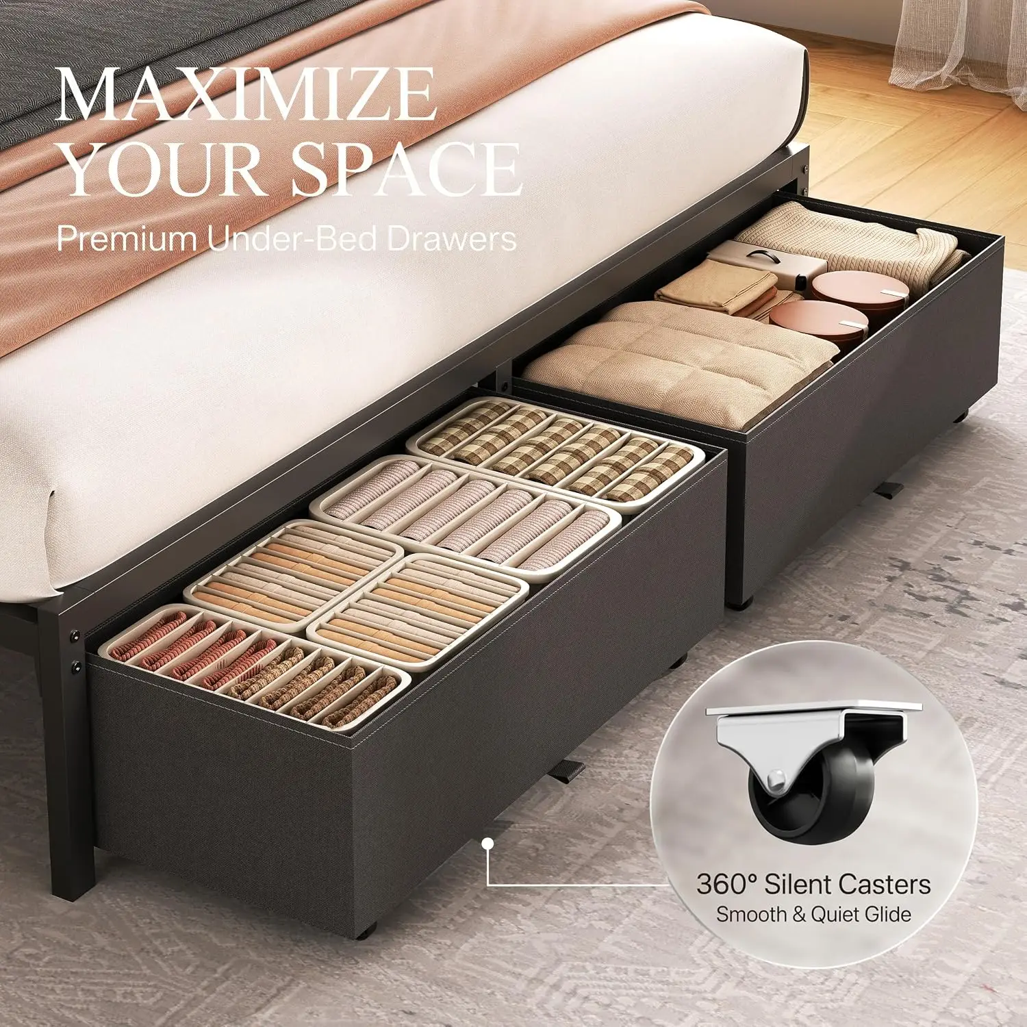 Queen Bed Frame with Storage Drawers and Charging Station, Grey