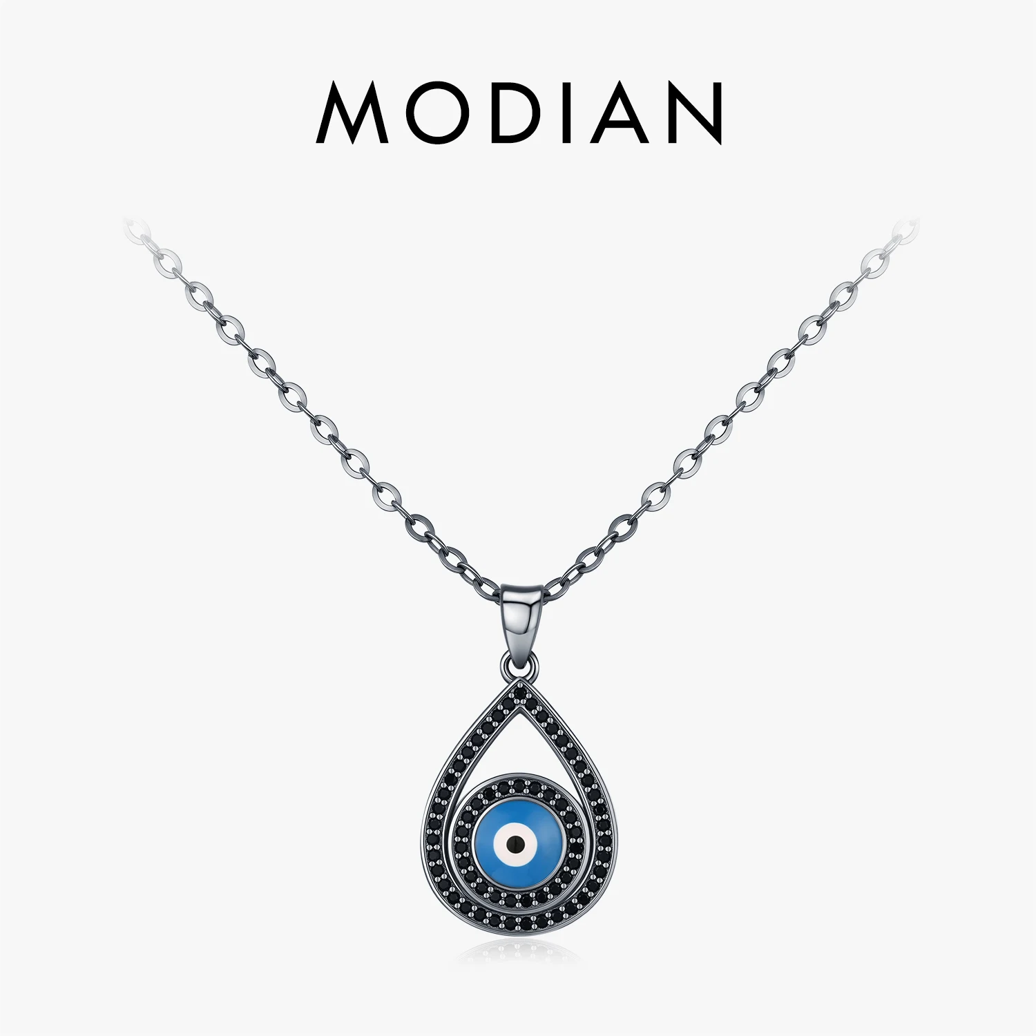 

MODIAN ожерелье из стерлингового серебра 925 пробы с черным цирконием, милое ожерелье с подвеской в виде капель воды и эмалью в виде глаз для женщин, ювелирные изделия
