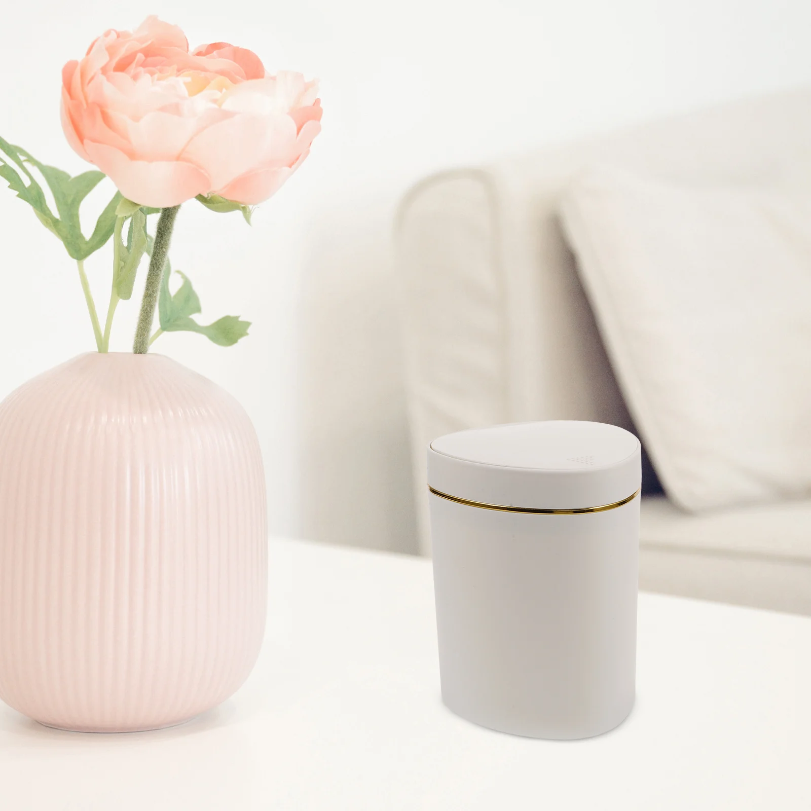 

Stylish Mini Desk Trash Can Press Lid Design Compact Portable Suitable Various Settings Living Room Bedroom Kitchen White