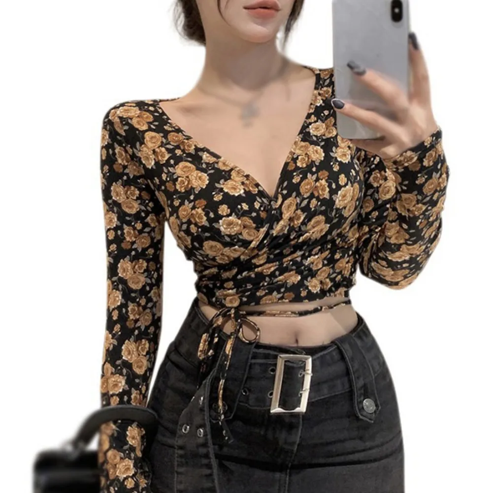 Womens Long Sleeve Shirts Crop Tops Floral Print V-Neck Slim Fit Y2K T Shirts