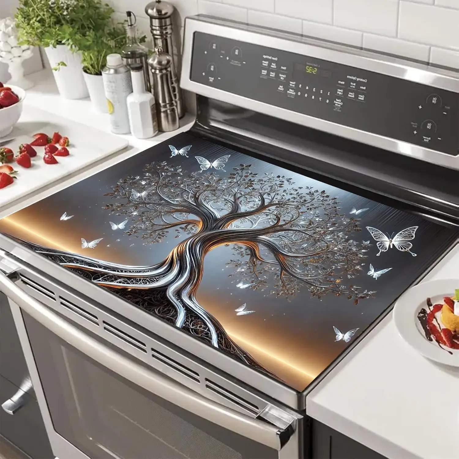 

Silver Tree of Life & Butterfly Stove Cover – Diatomite Mat for Cooktop Protection, Dish Drying & Kitchen Decor