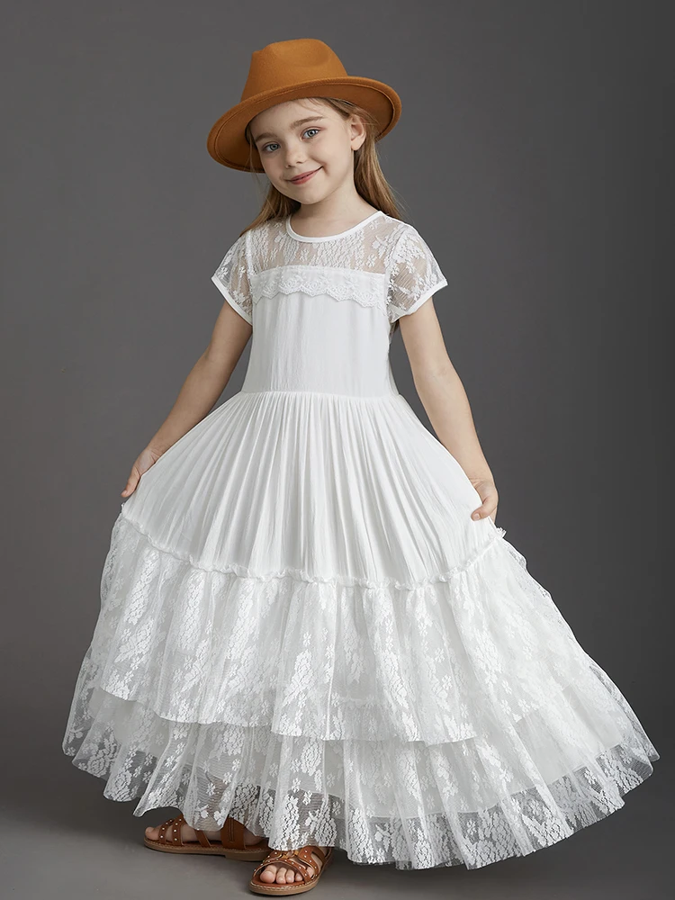 New 2024 Princess Girls Short Sleeve Lace Long Floor Dresses Baby Kids Flower Wedding Christmas Party Vestidos Children Clothing