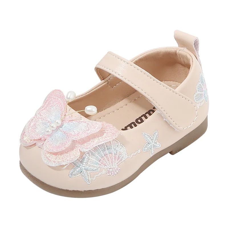 High Quality Embroidered Flower Shoes For Little Girls,Pink Beige Butterfly-knot Autumn Dress Shoes For Princess Birthday Party