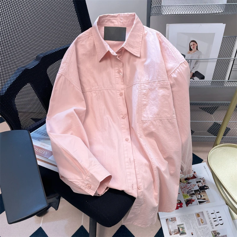 

EBAIHUI French Pink Women Shirt Casual Versatile Ladies Blouse Spring and Autumn Lazy Polo Neck Long Sleeve Cardigan Pocket Tops