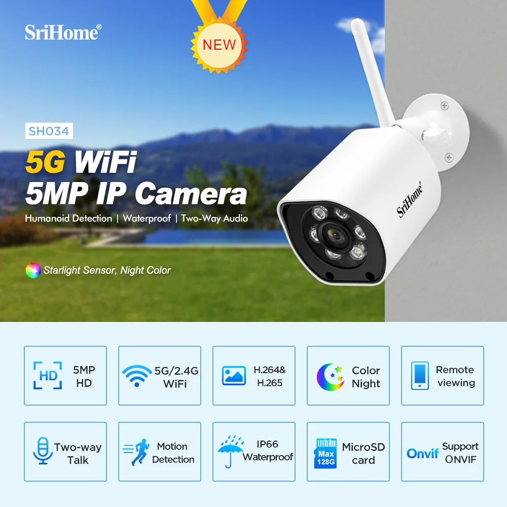 SriHome SH034 New Release 5MP Mini 5G Wifi IP Camera Waterproof Video Surveillance  Smart HD Tracking Security Protection Camera