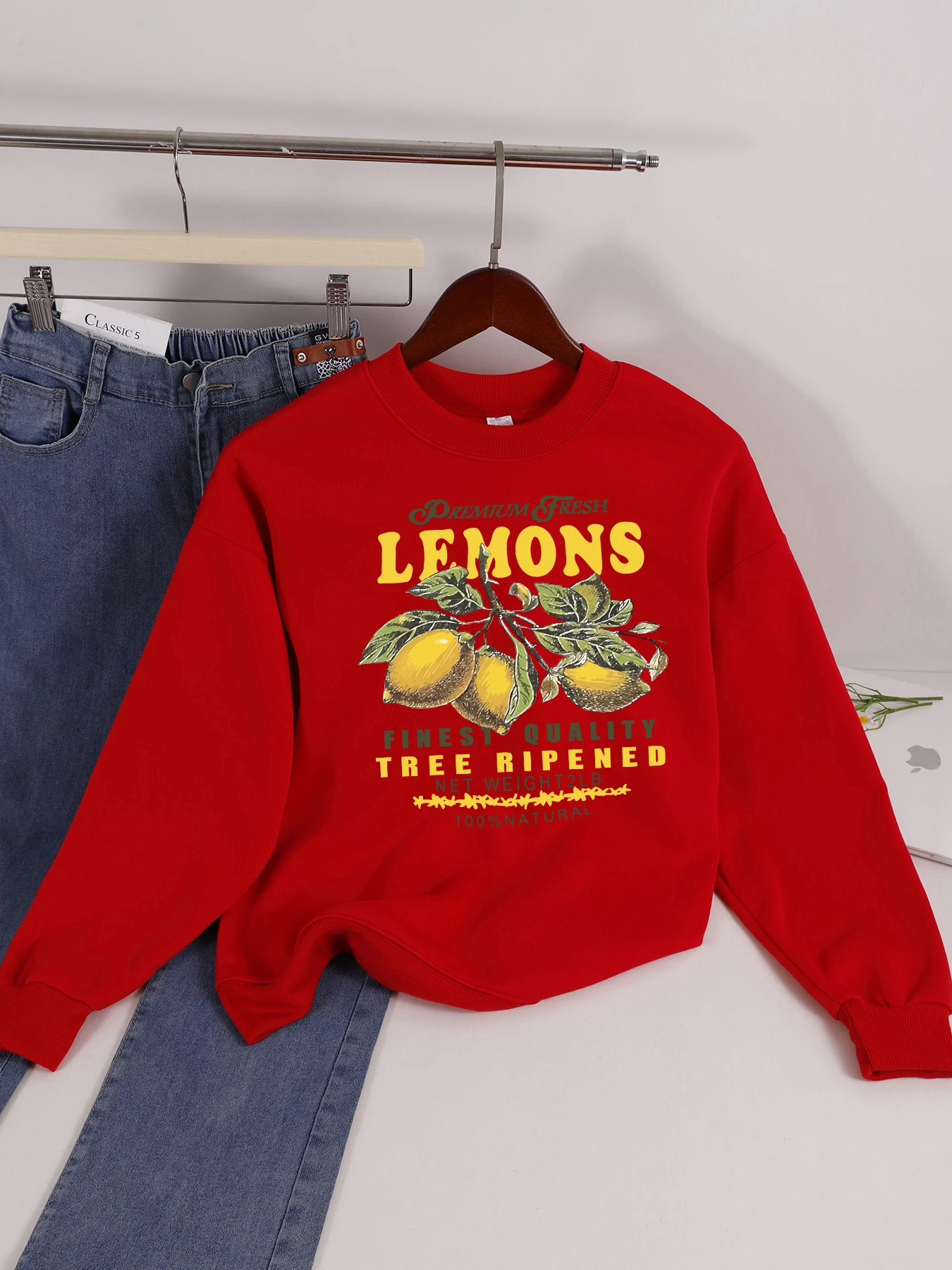 

Женская толстовка премиум-класса с принтом свежих лимонов и фруктов в стиле хип-хоп, пуловеры с круглым вырезом, осенняя удобная уличная флисовая женская одежда