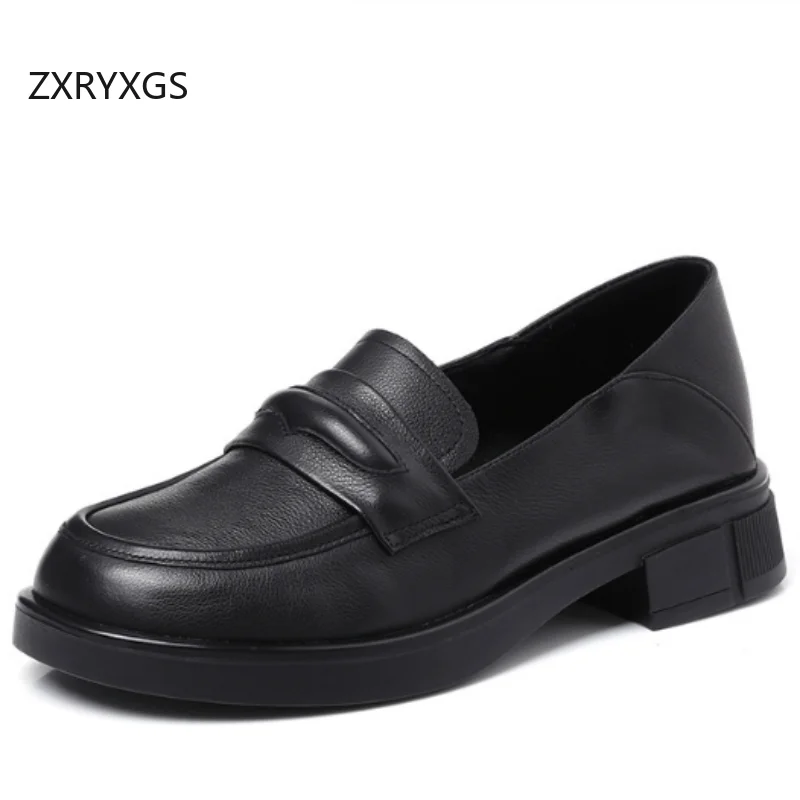 

ZXRYXGS 2025, новые модные черные туфли из воловьей кожи с верхним слоем, женские туфли на среднем каблуке, универсальная удобная модная обувь большого размера