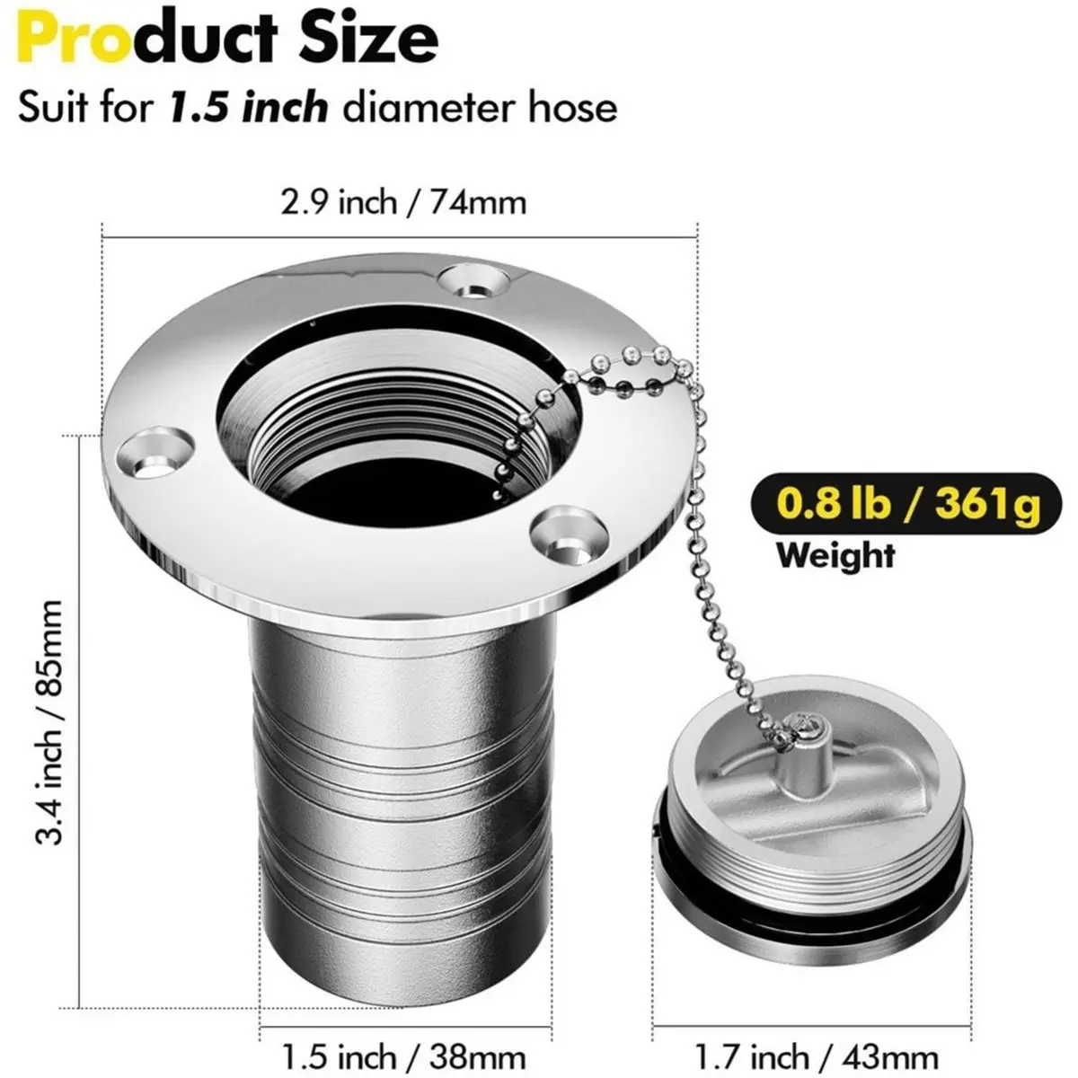 1set Stainless Steel Marine Deck Fill Cap with Retaining Chain - Suitable for Sailboats, Pontoon Boats, Yachts, RVs