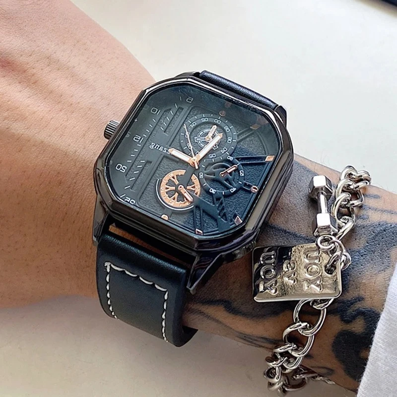

Alloy Men Quartz Watches Leather Strap Big Dial Student Square Sports Clock Cool Black Men's Watch Waterproof Wristwatch