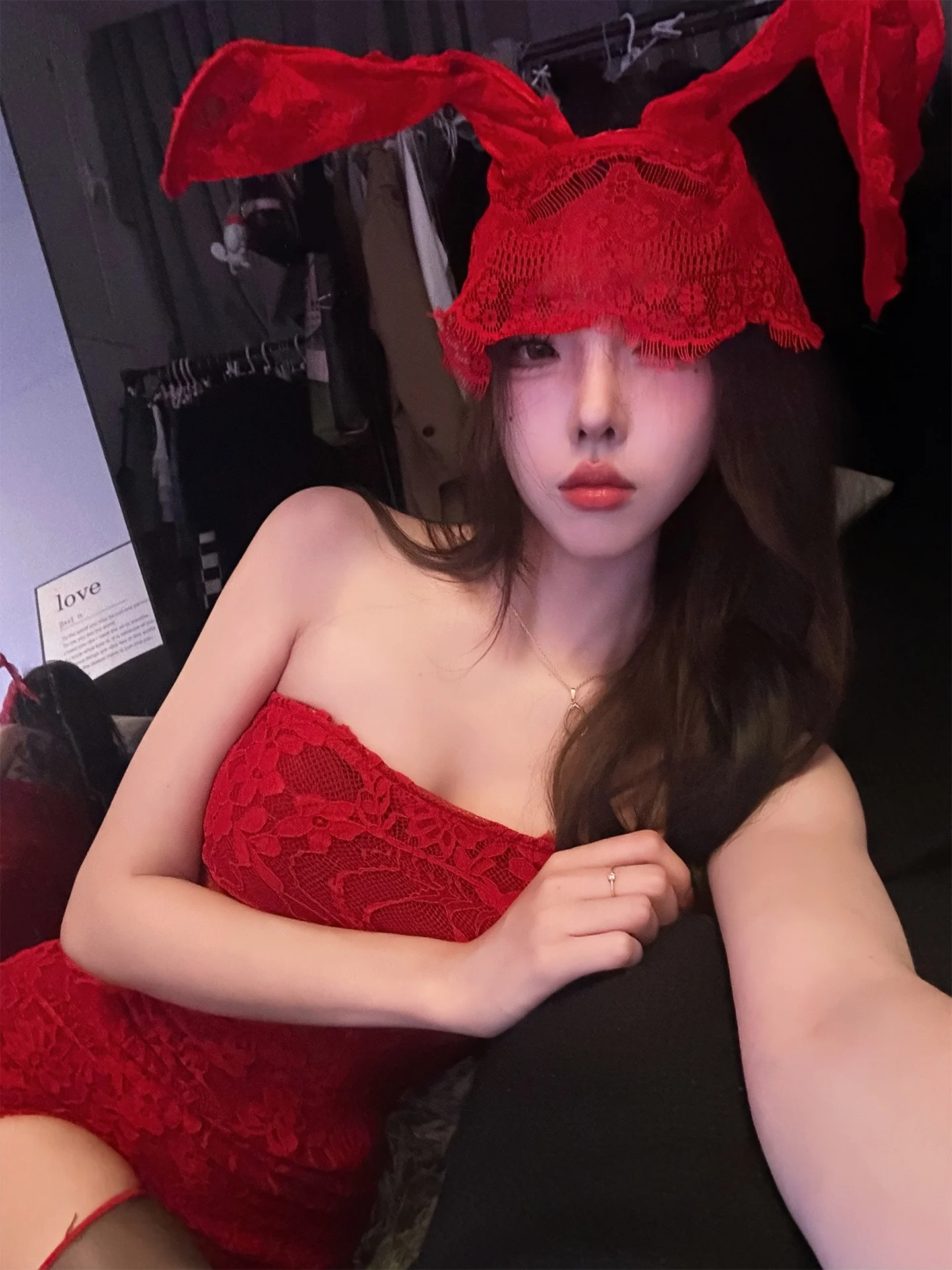 

Red Lace Crop Top And Skirt Set Sexy Rabbit Girl Costume Cisas Themed Faion A-Line Dr for Young Women