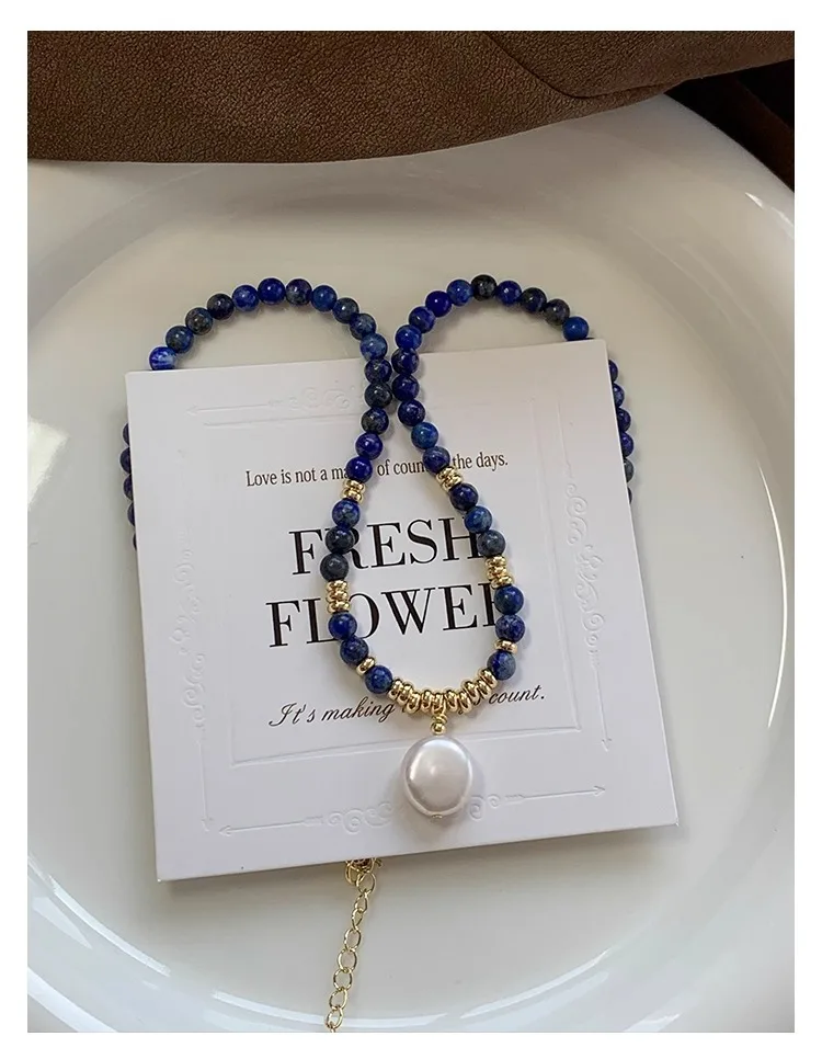 100% Natürliche Barocke Knopf-Süßwasserperlen & Lapislazuli-Perlen, 14K Vergoldete Damen-Anhänger-Halskette, Verblasst Nicht, Geschenk – Detail 8