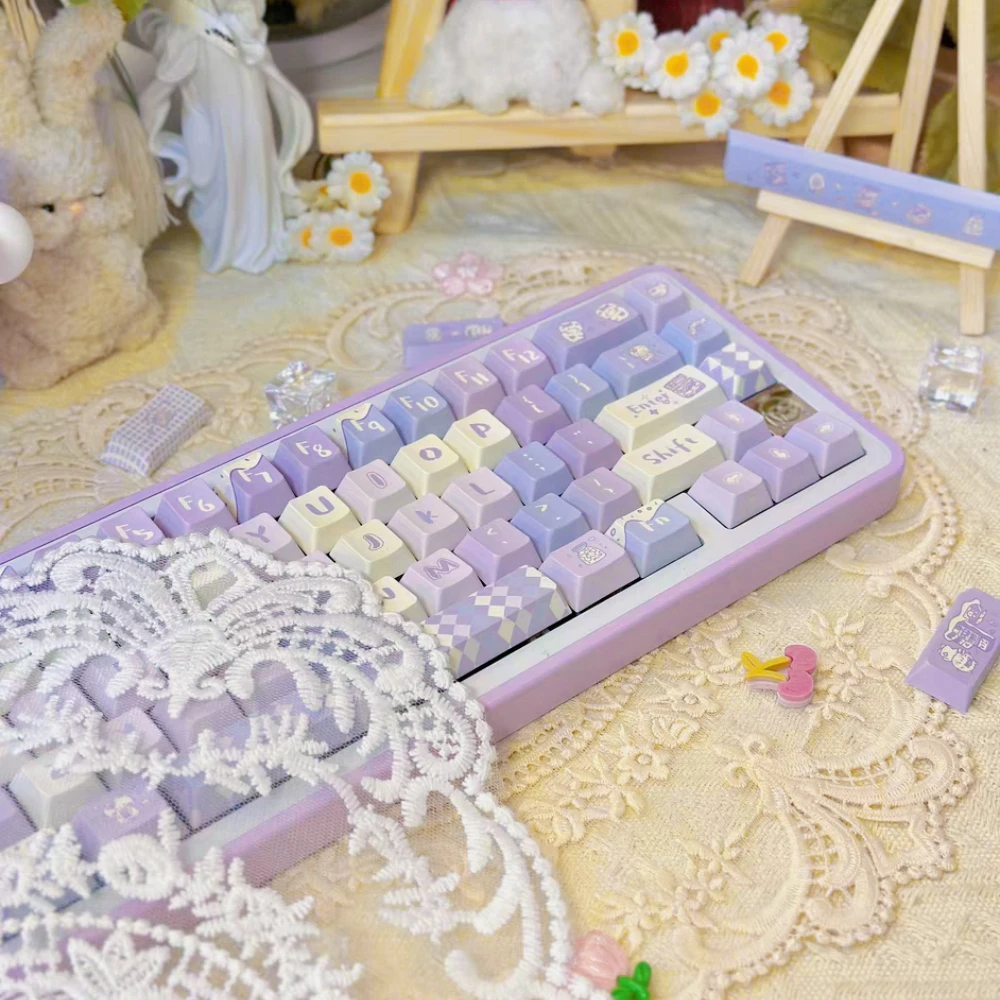 Sheep Snack Keycap All Five Sides Thermal Sublimation Pbt Eoa Cherry Cute Girls Plaid Purple Keycaps Alice Layout Split Spacebar