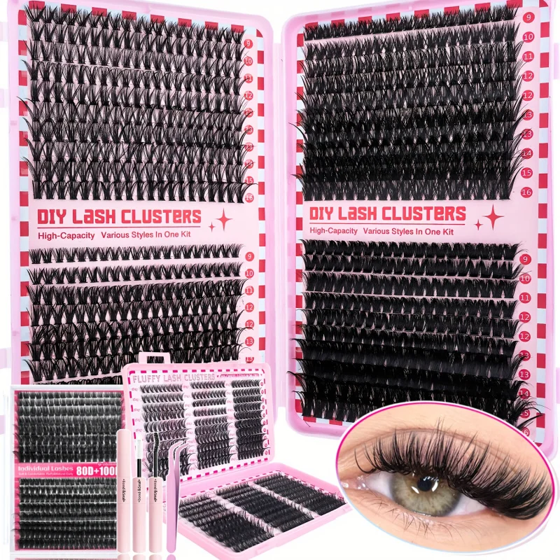 DIYまつげエクステキット - Dカール ふんわり＆ボリュームスタイル、ミックス長さ9-16mm、ボンド＆シールピンセット付きで再利用可能