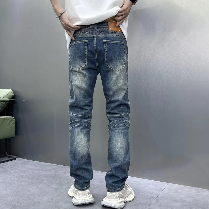 Y2Knew men's work pants with fishing net patches washed, nostalgic stretch, slim fit, retro blue work pants designer pa