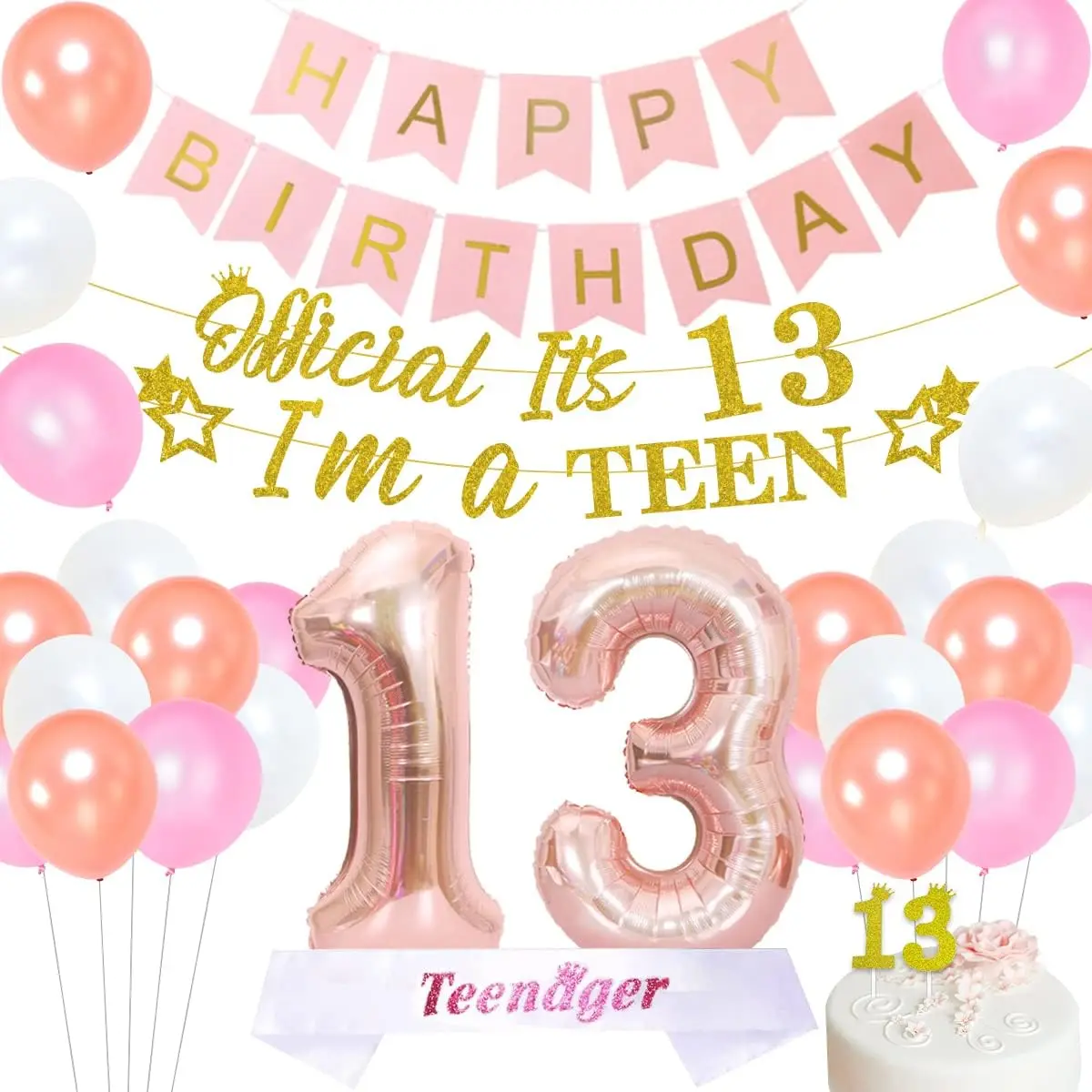 

13th Birthday Party Decorations for Girls Rose Gold Teenager Garland Happy Birthday Banner Number 13 Foil Balloon Cake Topper