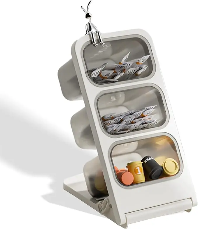 Teabag Storage Rack, Coffee Storage Box, Includes 3 Removable Storage Containers, Tilted Tiered Transparent Tea Rack