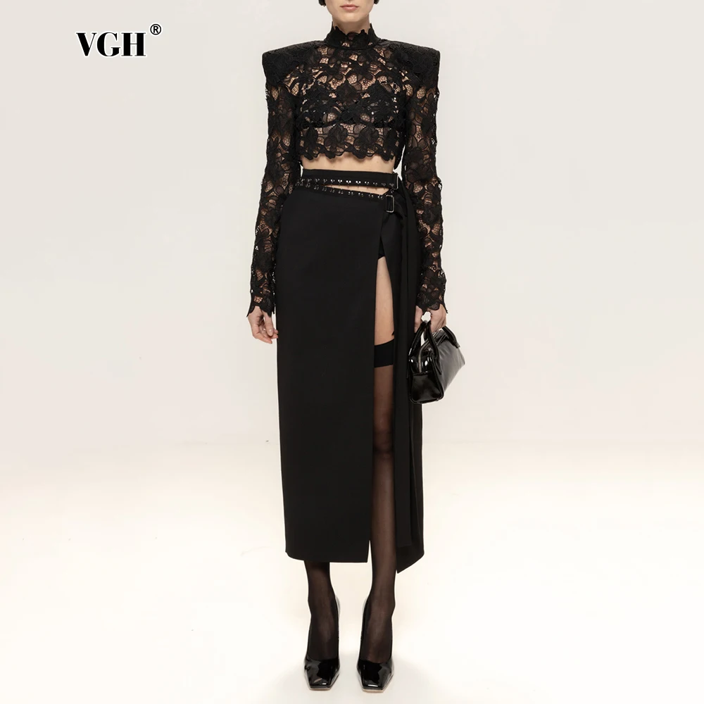 

VGH Edgy Black Lace Two Piece Set for Women Padded Shoulder Crop Top High Slit Asymmetrical Skirt Suit for Street Runway Style