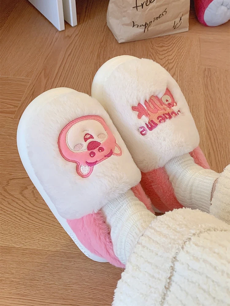 Cute Toy Story Strawberry Bear ladies indoor warm Non-slip cotton slippers winter plush all-inclusive heel