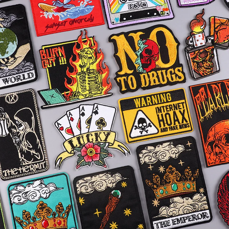 Punk/Fire Embroidery Patch Skull Patch Iron On Patches For Clothing Thermoadhesive Patches On Clothes Tarot Embroidered Sticker