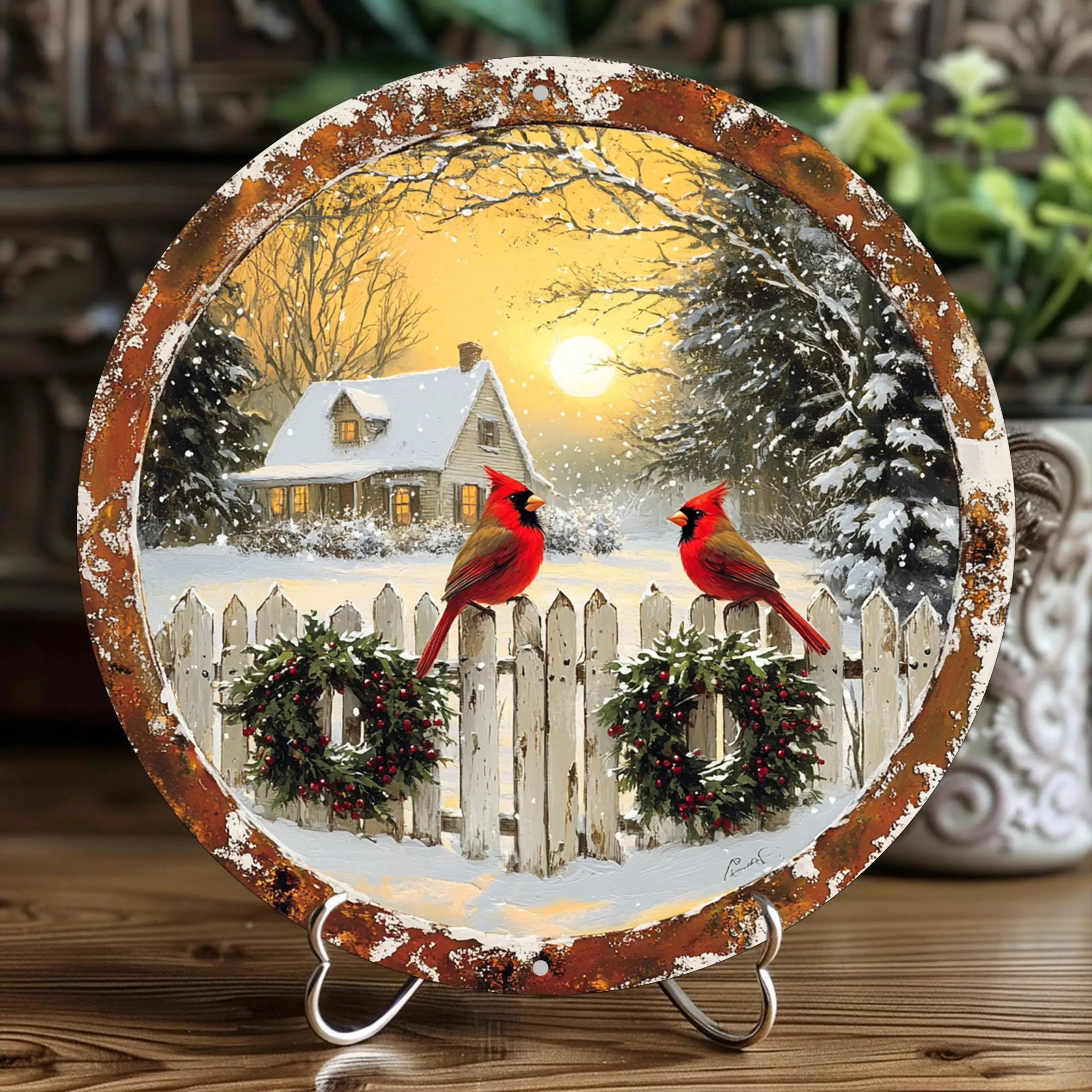 

Vintage Cardinal Aluminum Wall Art – 8x8 Inch Rustic Winter Scene With Snowy Birdhouse & Wreaths – Durable Ho